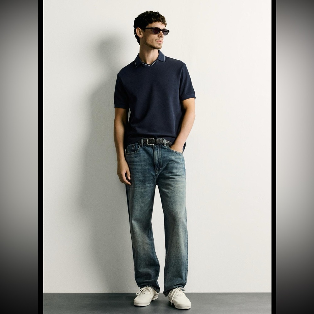 NWT ZARA Contrast Regular Fit Polo Shirt in Navy